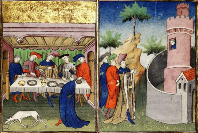 Drame d'Orthez - Une assemblée devant la dépouille d'un chien et un personnage enfermé dans une tour - selon les Chroniques de Froissart, Bruxelles - KBR - ms. II 88 - fil.16 - vers 1410